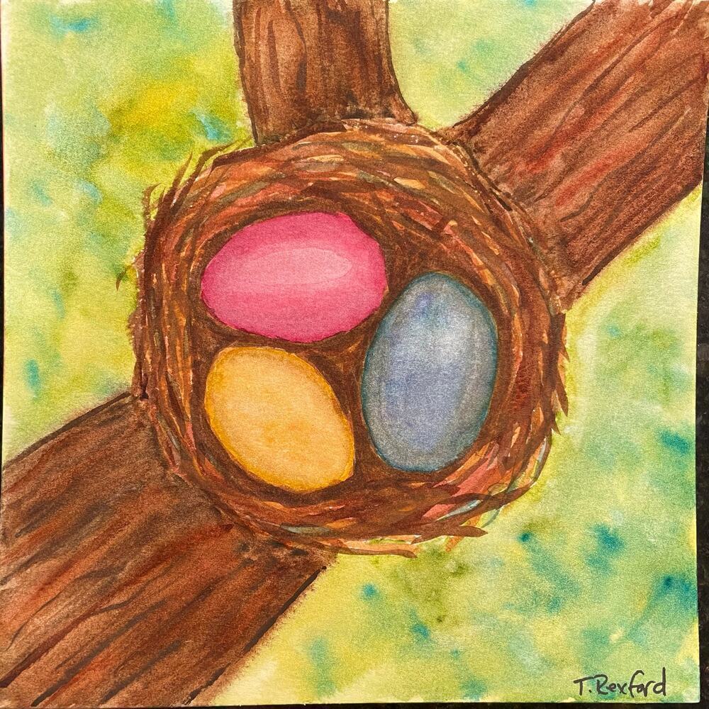 Hand painted watercolor original painting eggs nest tree